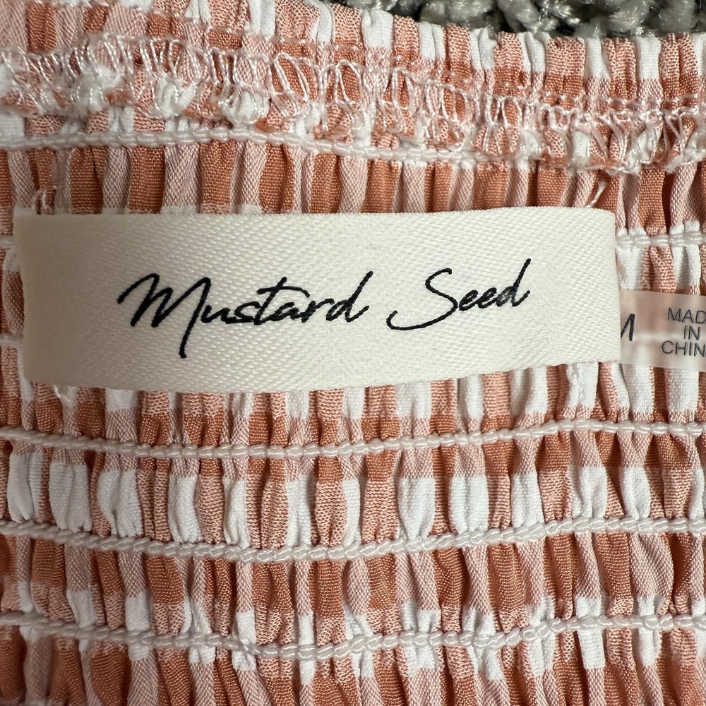 Mustard Seed Womens Dress M Pink Gingham Puff Sleeve Cottagecore Milkmaid Ruched - Picture 8 of 13